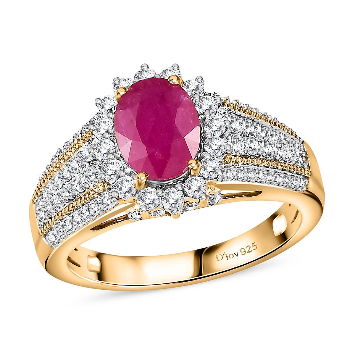 Montepuez Ruby and White Zircon Sunburst Ring in Vermeil Yellow Gold Over Sterling Silver (Size 7.0) 2.85 ctw image number 0