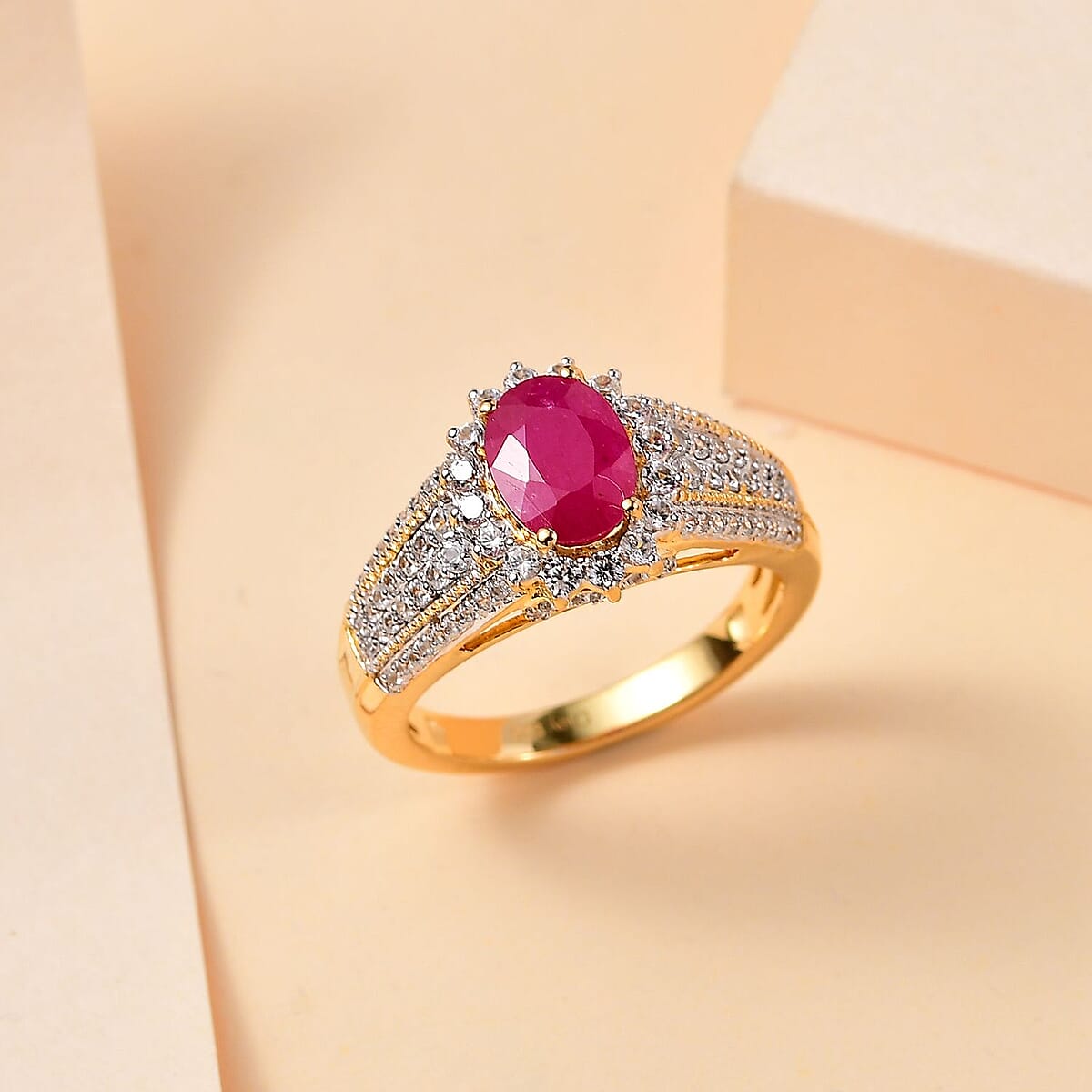 Montepuez Ruby and White Zircon Sunburst Ring in Vermeil Yellow Gold Over Sterling Silver (Size 7.0) 2.85 ctw image number 1