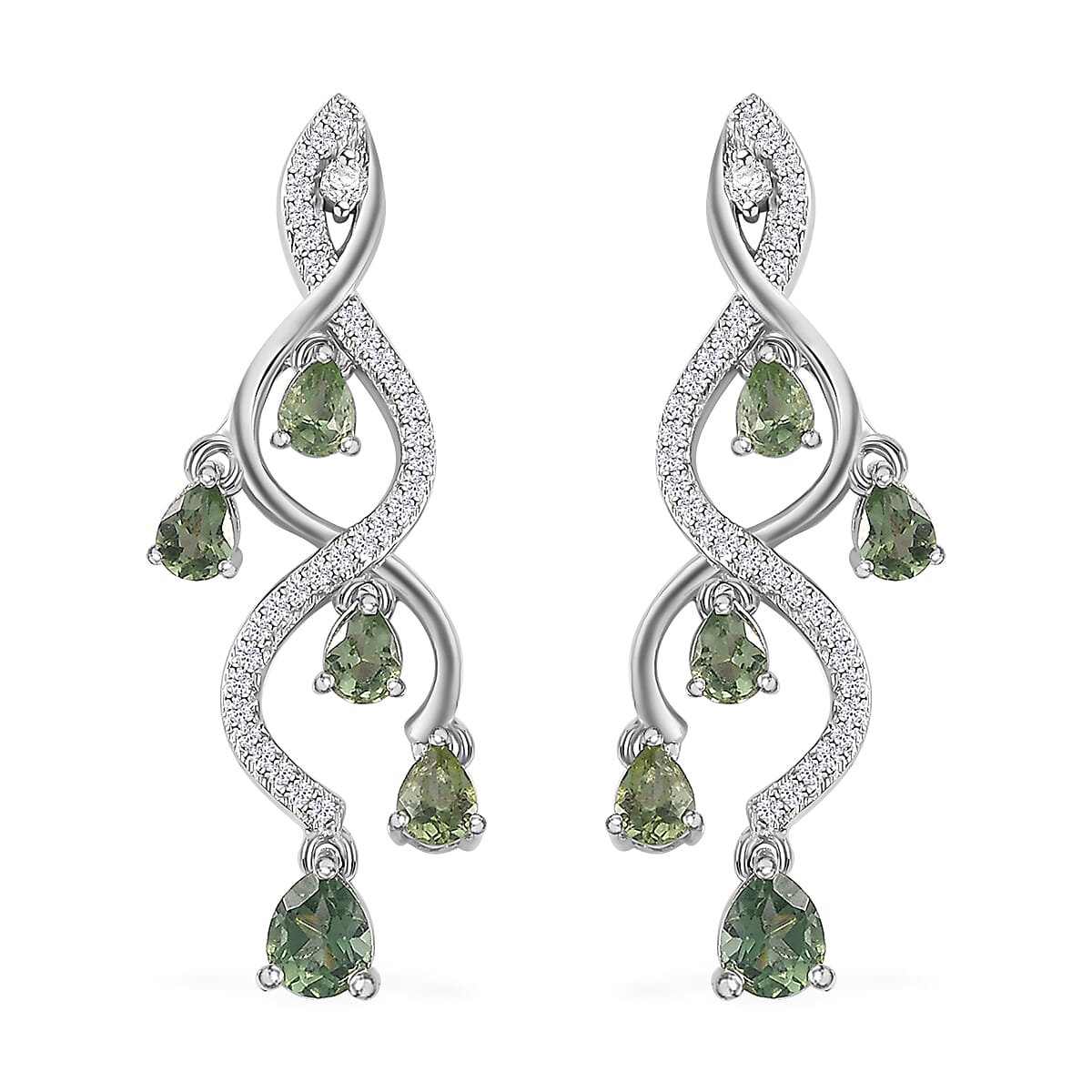 Andranomaro Green Apatite and White Zircon Dropping Vine Earrings in Rhodium Over Sterling Silver 2.50 ctw
