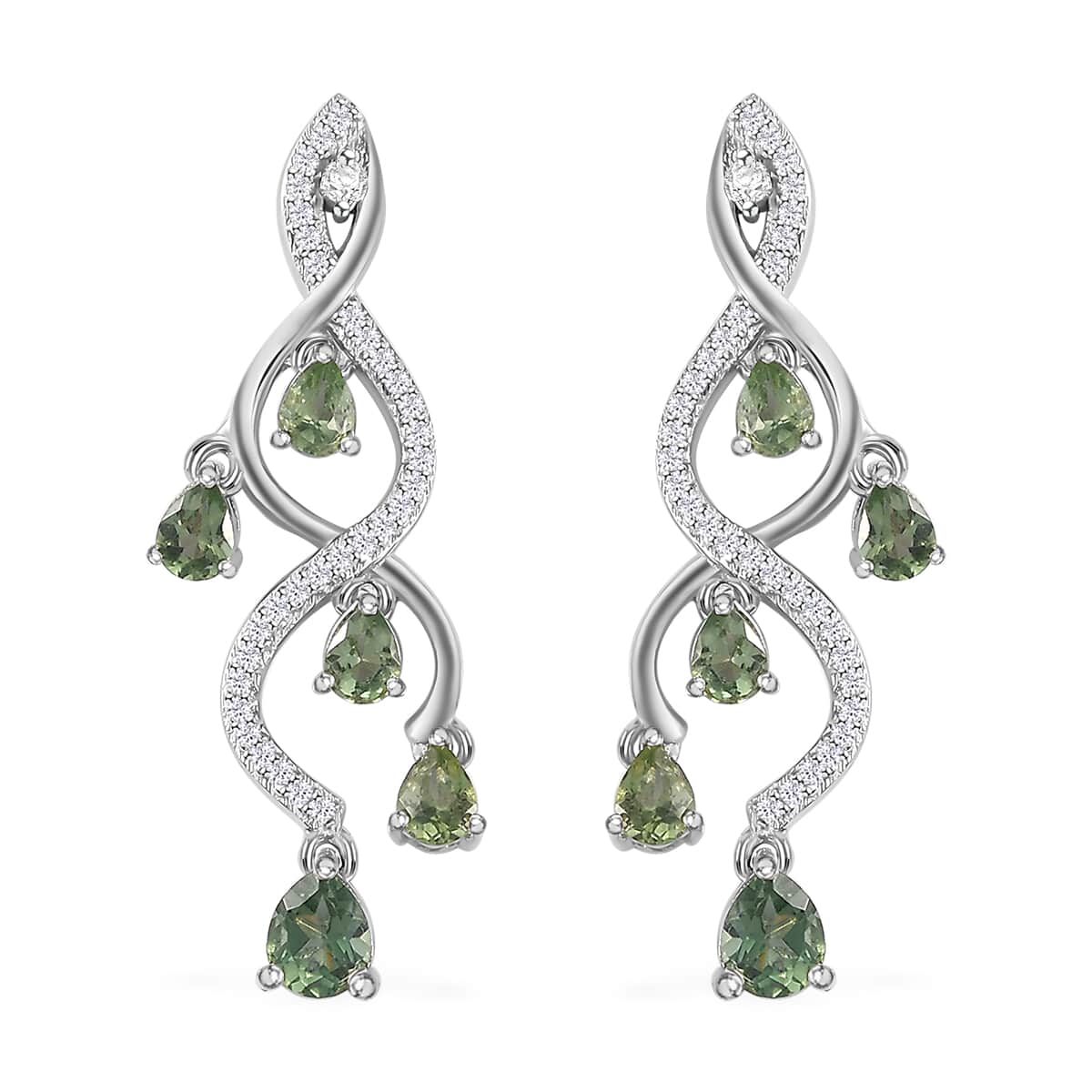 Andranomaro Green Apatite and White Zircon Dropping Vine Earrings in Rhodium Over Sterling Silver 2.50 ctw image number 0