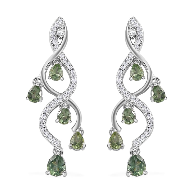 Andranomaro Green Apatite and White Zircon Dropping Vine Earrings in Rhodium Over Sterling Silver 2.50 ctw