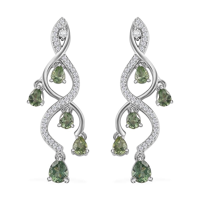 Andranomaro Green Apatite and White Zircon Dropping Vine Earrings in Rhodium Over Sterling Silver 2.50 ctw