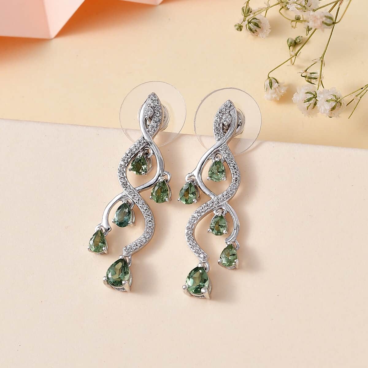 Andranomaro Green Apatite and White Zircon Dropping Vine Earrings in Rhodium Over Sterling Silver 2.50 ctw image number 1