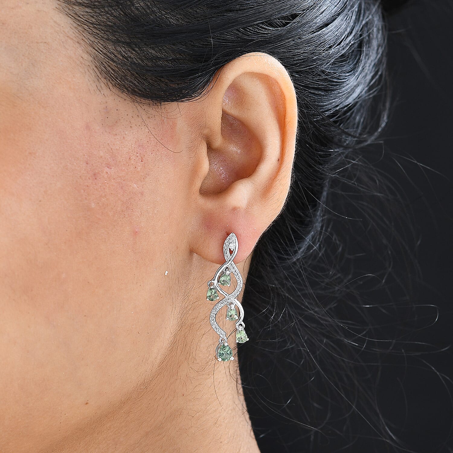Andranomaro Green Apatite and White Zircon Dropping Vine Earrings in Rhodium Over Sterling Silver 2.50 ctw