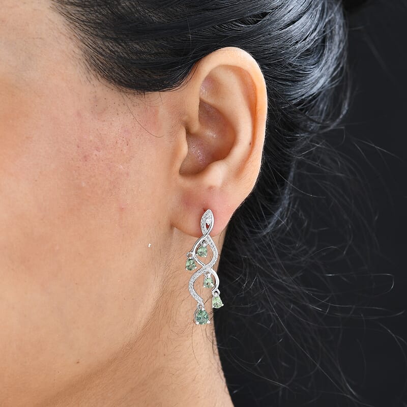 Andranomaro Green Apatite and White Zircon Dropping Vine Earrings in Rhodium Over Sterling Silver 2.50 ctw