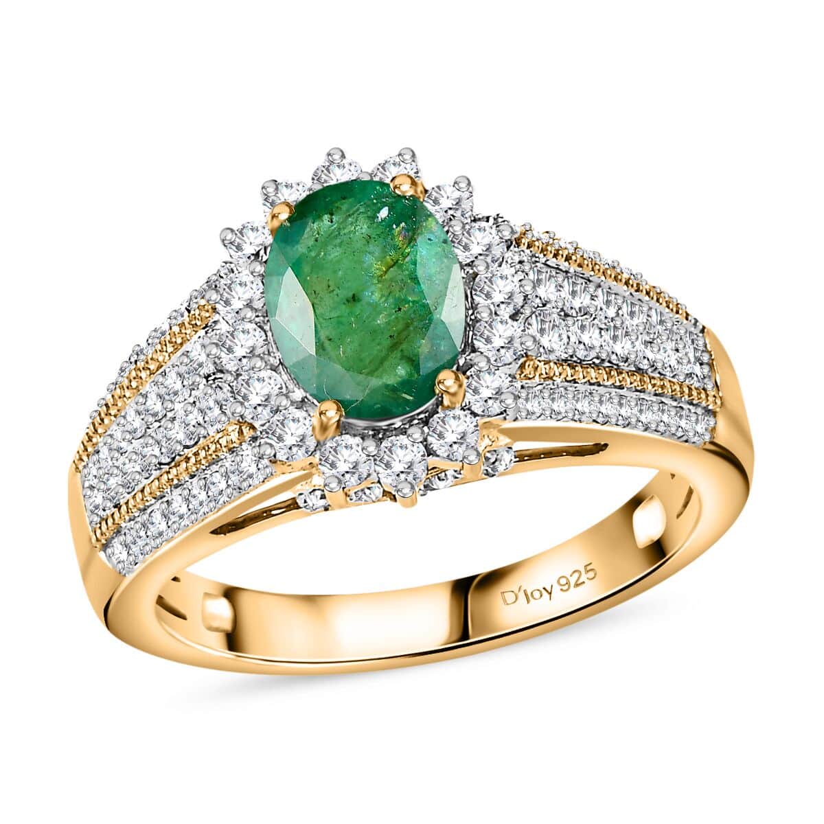 Kagem Zambian Emerald and White Zircon Sunburst Ring in Vermeil Yellow Gold Over Sterling Silver (Size 7.0) 2.20 ctw image number 0