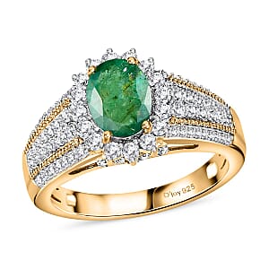 Kagem Zambian Emerald and White Zircon Sunburst Ring in Vermeil Yellow Gold Over Sterling Silver (Size 7.0) 2.20 ctw