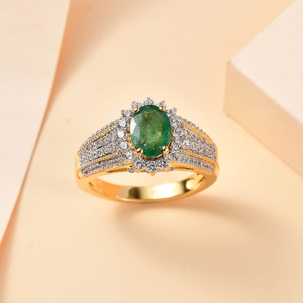 Kagem Zambian Emerald and White Zircon Sunburst Ring in Vermeil Yellow Gold Over Sterling Silver (Size 7.0) 2.20 ctw image number 1