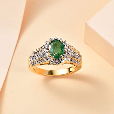 Kagem Zambian Emerald and White Zircon Sunburst Ring in Vermeil Yellow Gold Over Sterling Silver (Size 7.0) 2.20 ctw