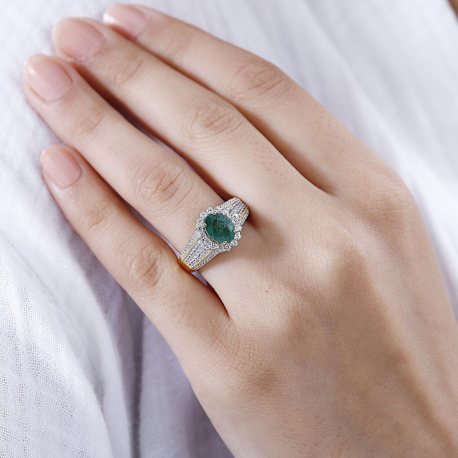 Kagem Zambian Emerald and White Zircon Sunburst Ring in Vermeil Yellow Gold Over Sterling Silver (Size 7.0) 2.20 ctw