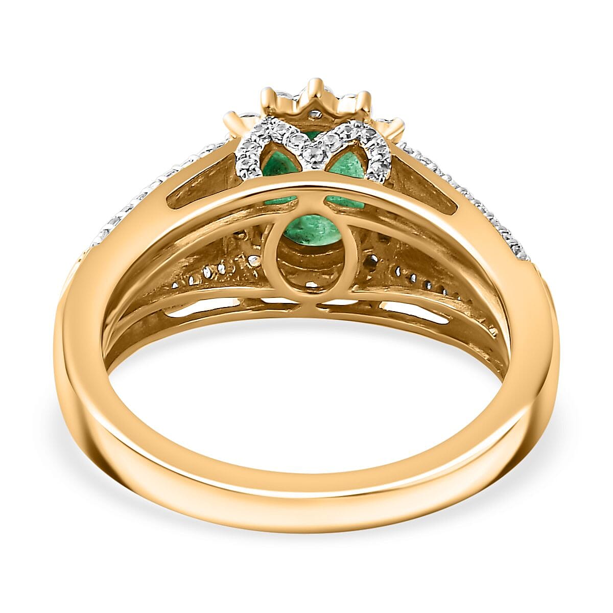 Kagem Zambian Emerald and White Zircon Sunburst Ring in Vermeil Yellow Gold Over Sterling Silver (Size 7.0) 2.20 ctw