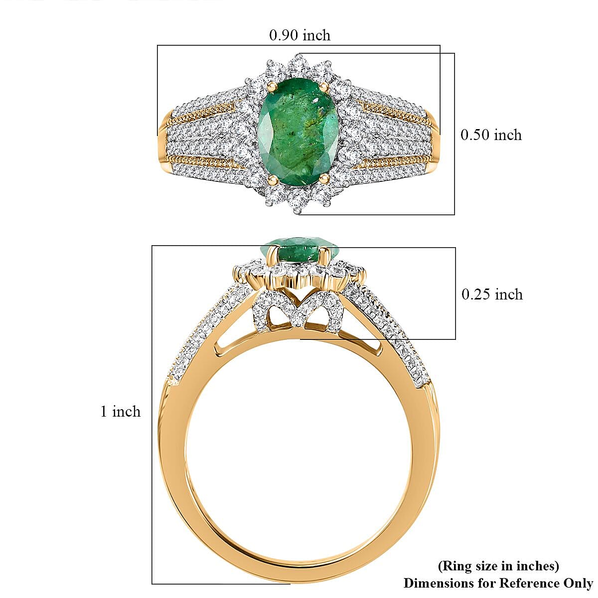 Kagem Zambian Emerald and White Zircon Sunburst Ring in Vermeil Yellow Gold Over Sterling Silver (Size 7.0) 2.20 ctw