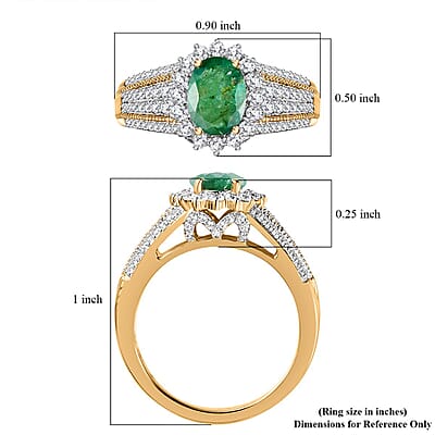 Kagem Zambian Emerald and White Zircon Sunburst Ring in Vermeil Yellow Gold Over Sterling Silver (Size 7.0) 2.20 ctw
