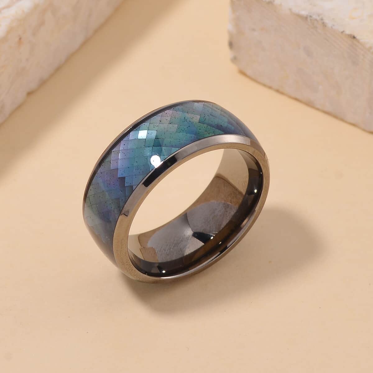 Black Mother of Pearl Band Ring in Stainless Steel (Size 6.0) image number 1