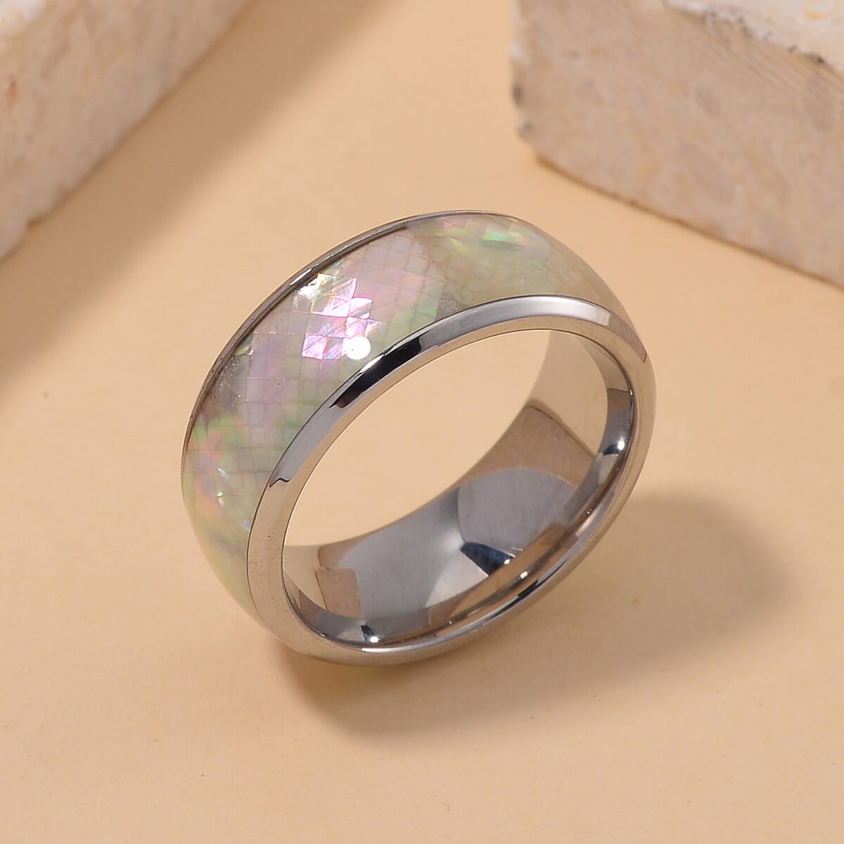 White Mother of Pearl Band Ring in Stainless Steel (Size 9.0) image number 1