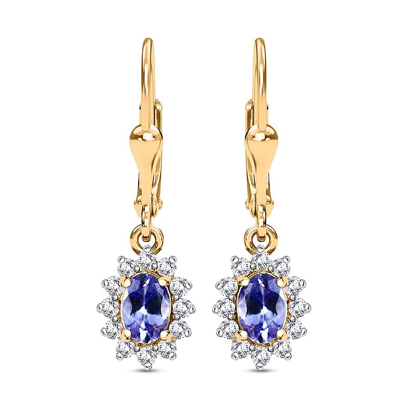 Tanzanite and White Zircon Sunburst Lever Back Earrings in Vermeil Yellow Gold Over Sterling Silver 1.50 ctw
