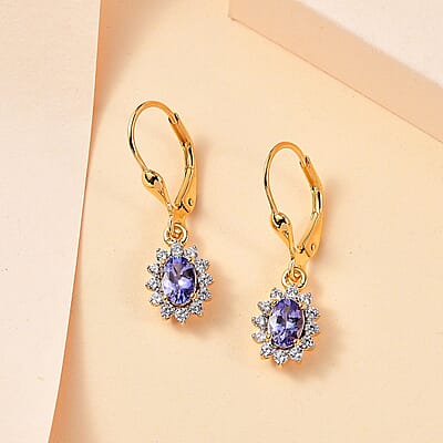 Tanzanite and White Zircon Sunburst Lever Back Earrings in Vermeil Yellow Gold Over Sterling Silver 1.50 ctw