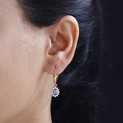 Tanzanite and White Zircon Sunburst Lever Back Earrings in Vermeil Yellow Gold Over Sterling Silver 1.50 ctw