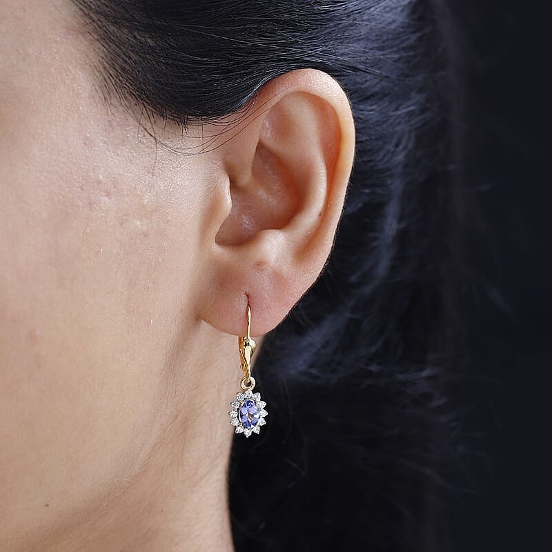 Tanzanite and White Zircon Sunburst Lever Back Earrings in Vermeil Yellow Gold Over Sterling Silver 1.50 ctw