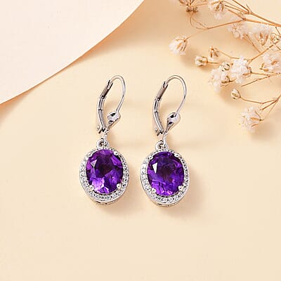 Premium Moroccan Amethyst and White Zircon 5.20 ctw Lever Back Earrings in Platinum Over Sterling Silver
