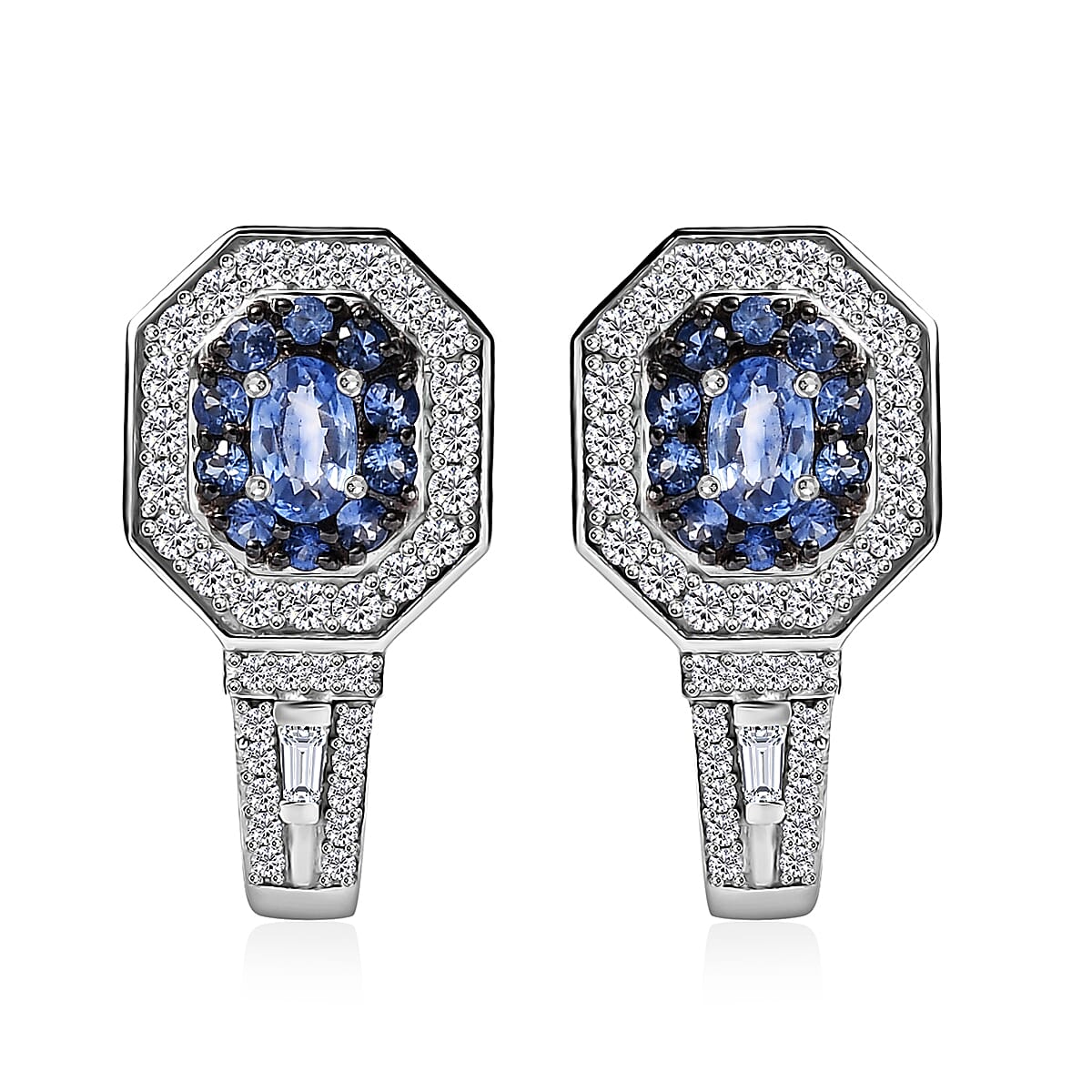 Ceylon Blue Sapphire and Moissanite 2.20 ctw Earrings in Platinum Over Sterling Silver
