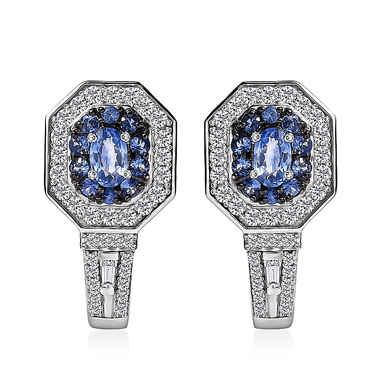 Ceylon Blue Sapphire and Moissanite 2.20 ctw Earrings in Platinum Over Sterling Silver