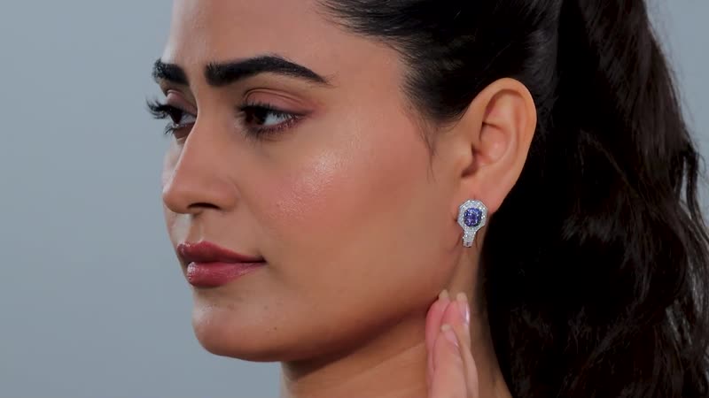 TLV Ceylon Blue Sapphire, Moissanite Earrings in Platinum Over Sterling Silver 2.20 ctw