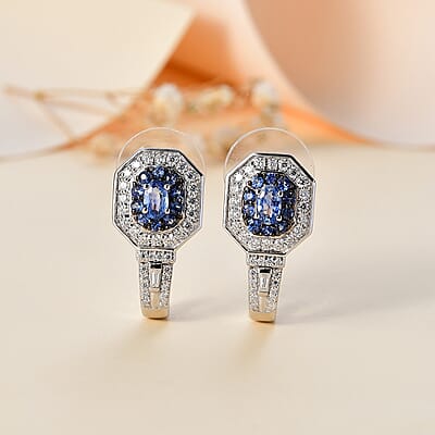 Ceylon Blue Sapphire and Moissanite 2.20 ctw Earrings in Platinum Over Sterling Silver