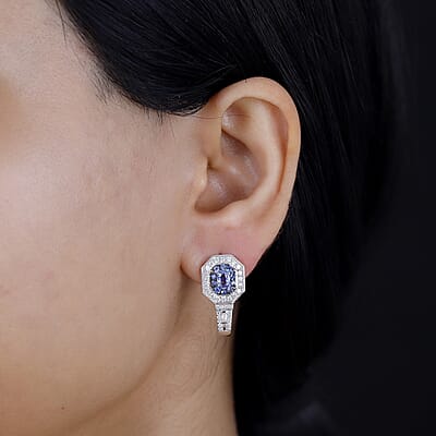 Ceylon Blue Sapphire and Moissanite 2.20 ctw Earrings in Platinum Over Sterling Silver