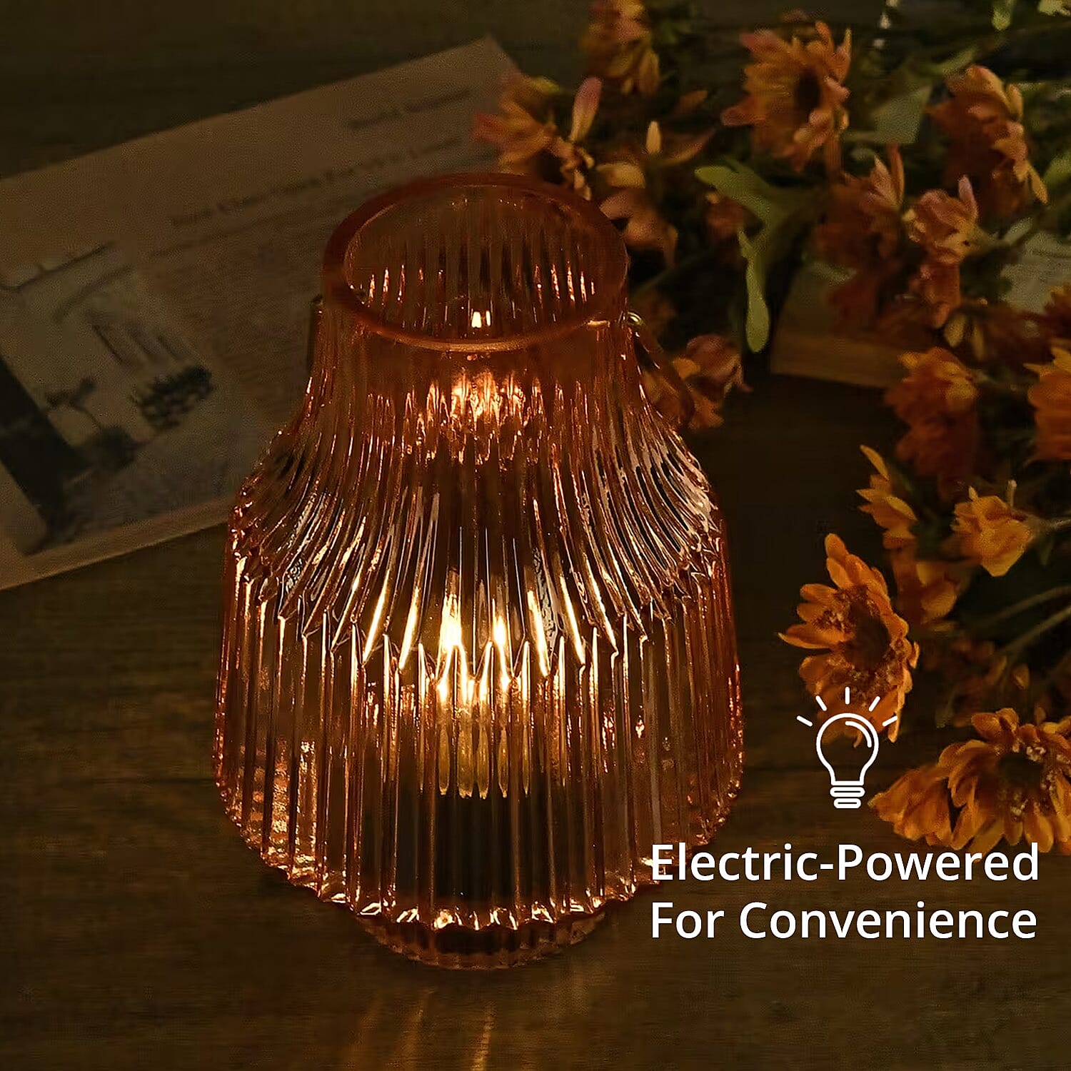 Champagne Ribbed Glass Lamp with a Bulb (2xAAA Battery Not Include)
