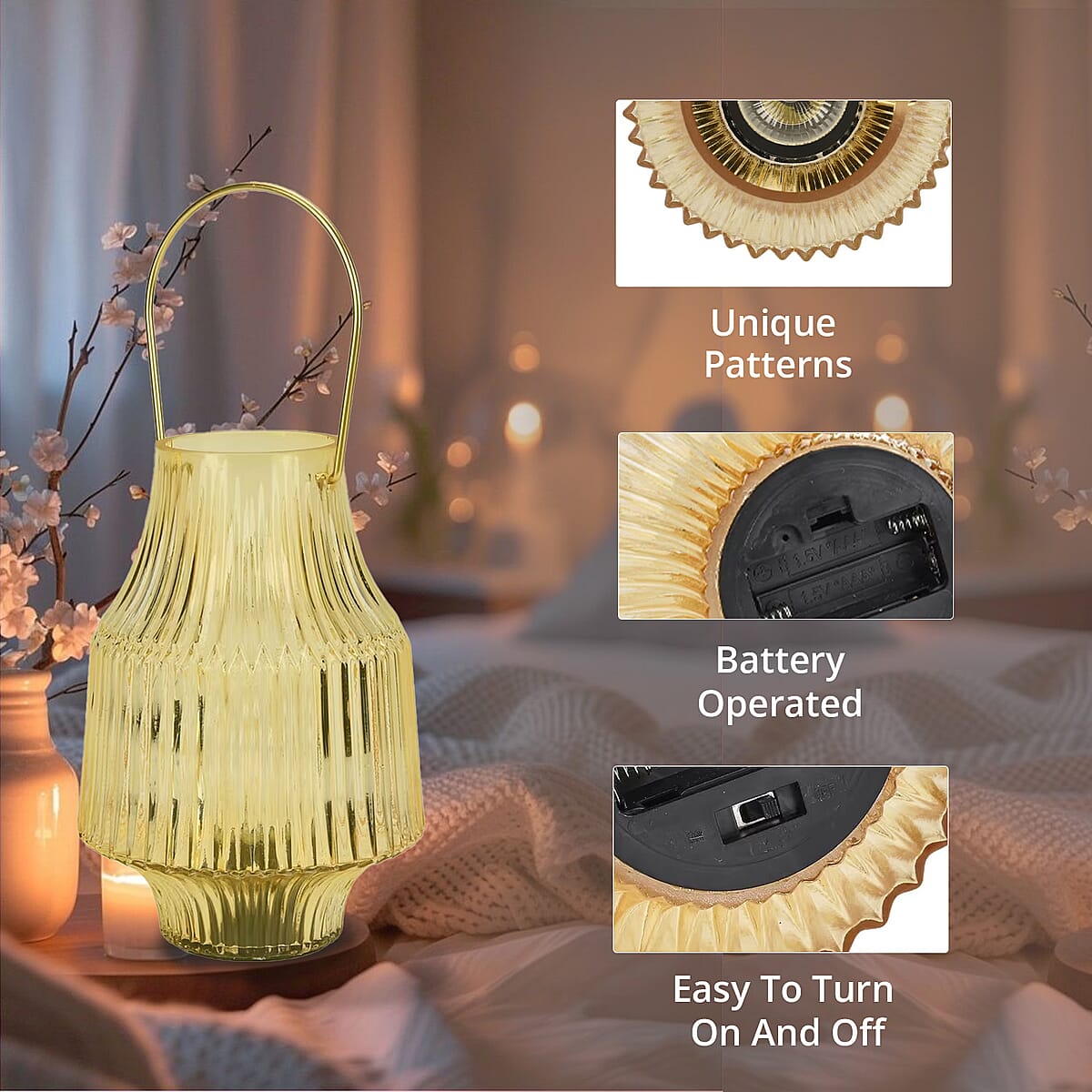 Yellow Ribbed Glass Lamp with a Bulb (2xAAA Battery not include) image number 2