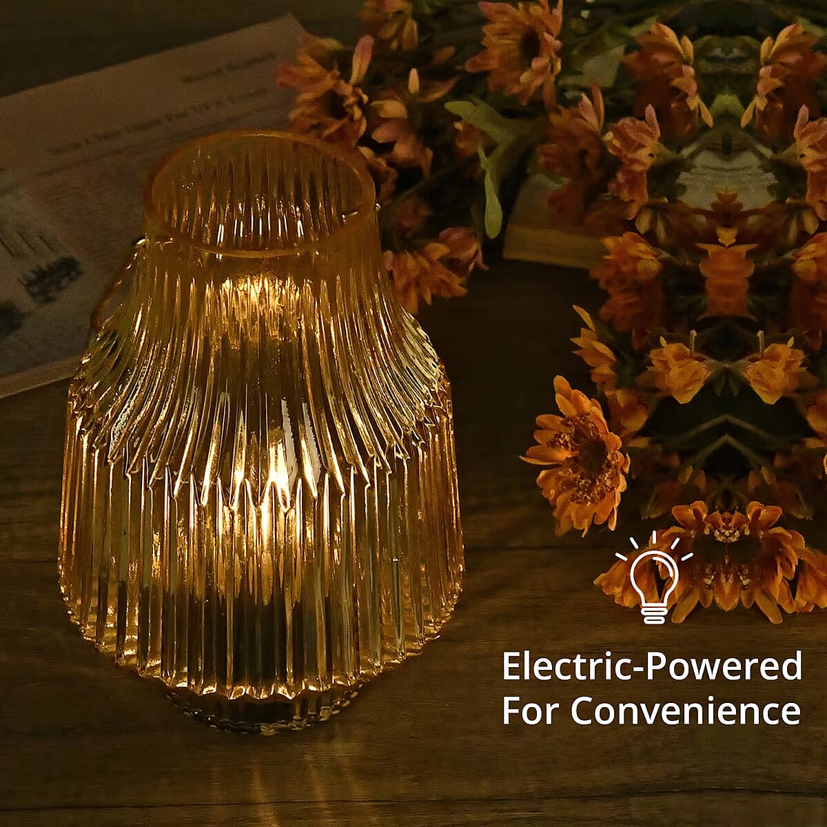 Yellow Ribbed Glass Lamp with a Bulb (2xAAA Battery not include) image number 3
