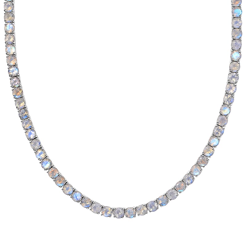 Moon Glow Moonstone and White Zircon Tennis Necklace 18 Inches in Rhodium Over Sterling Silver 45.60 ctw