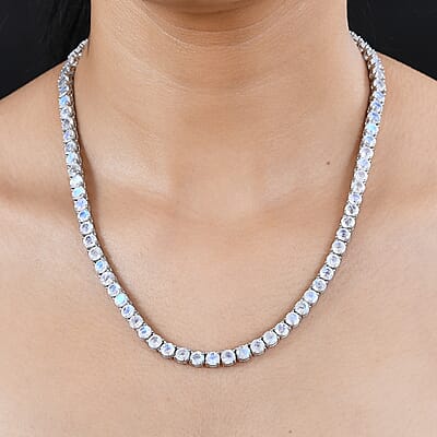 Moon Glow Moonstone and White Zircon Tennis Necklace 18 Inches in Rhodium Over Sterling Silver 45.60 ctw