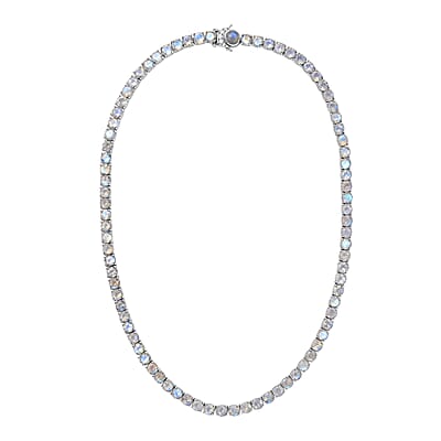 Moon Glow Moonstone and White Zircon Tennis Necklace 18 Inches in Rhodium Over Sterling Silver 45.60 ctw