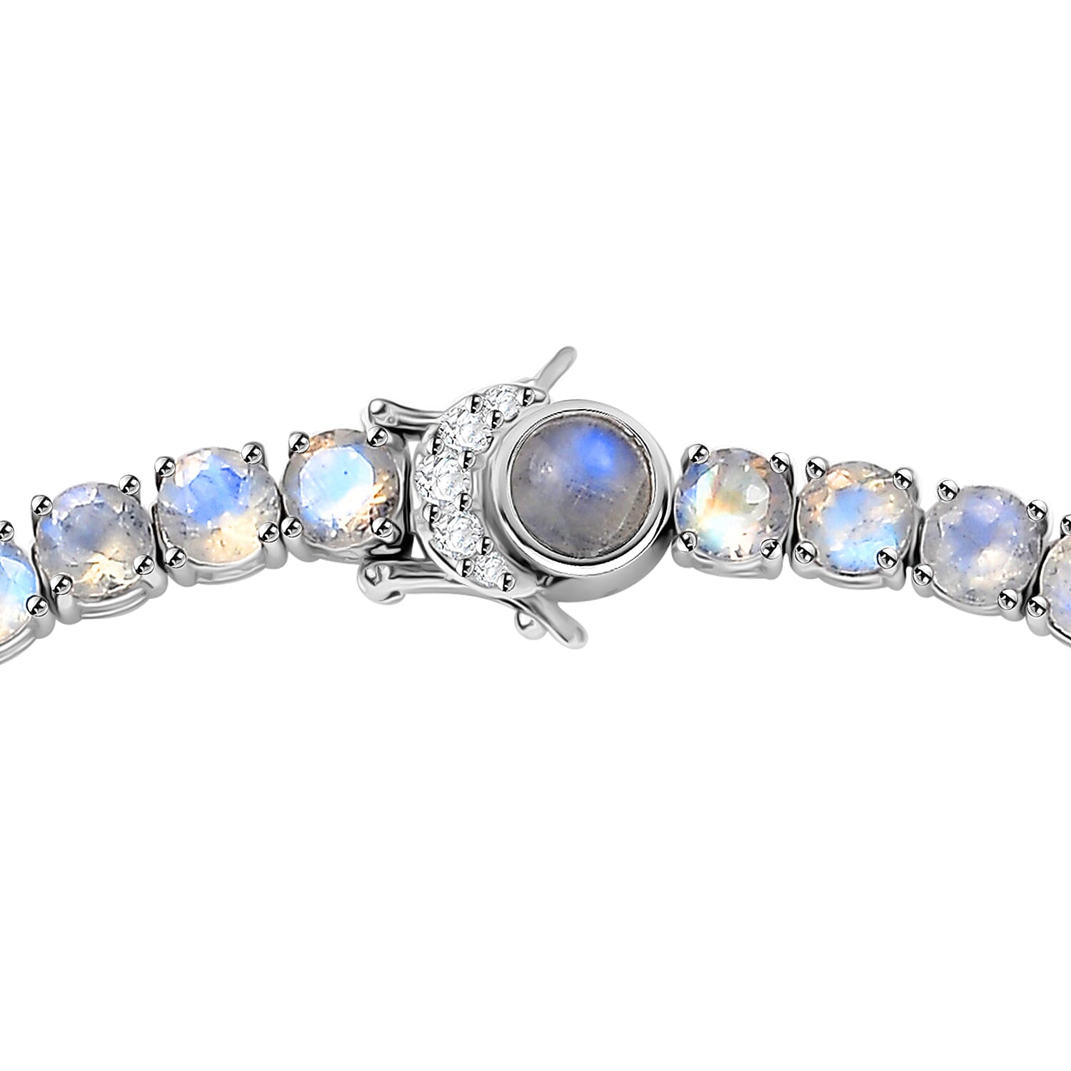 Moon Glow Moonstone and White Zircon Tennis Necklace 18 Inches in Rhodium Over Sterling Silver 45.60 ctw
