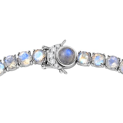 Moon Glow Moonstone and White Zircon Tennis Necklace 18 Inches in Rhodium Over Sterling Silver 45.60 ctw