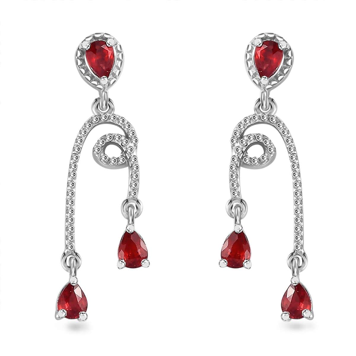 Sanguine Sapphire Drop Earrings in Rhodium Over Sterling Silver 1.10 ctw image number 0