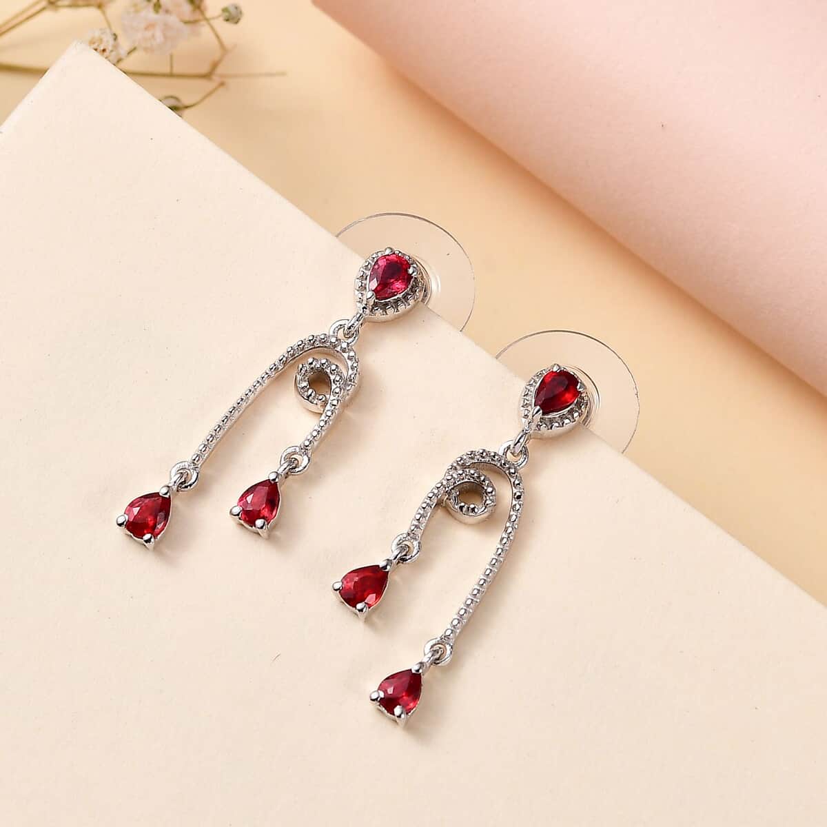 Sanguine Sapphire Drop Earrings in Rhodium Over Sterling Silver 1.10 ctw image number 1