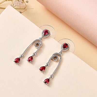 Sanguine Sapphire Drop Earrings in Rhodium Over Sterling Silver 1.10 ctw
