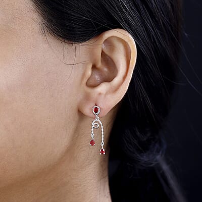 Sanguine Sapphire Drop Earrings in Rhodium Over Sterling Silver 1.10 ctw