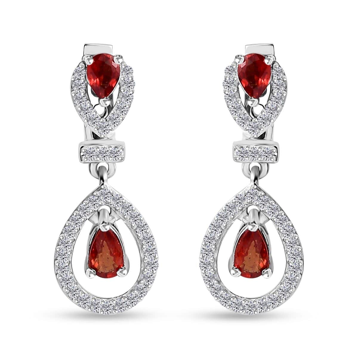 Sanguine Sapphire and White Zircon Drop Earrings in Rhodium Over Sterling Silver 1.30 ctw image number 0