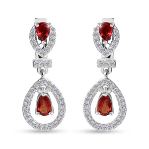 Sanguine Sapphire and White Zircon Drop Earrings in Rhodium Over Sterling Silver 1.30 ctw