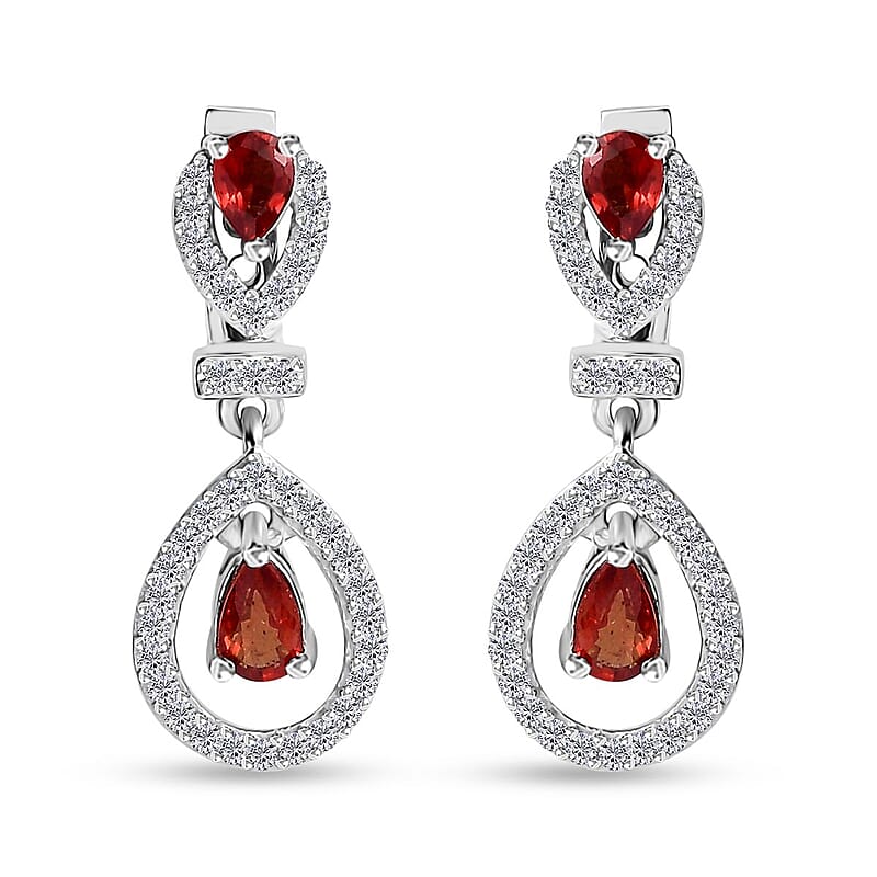 Sanguine Sapphire and White Zircon Drop Earrings in Rhodium Over Sterling Silver 1.30 ctw