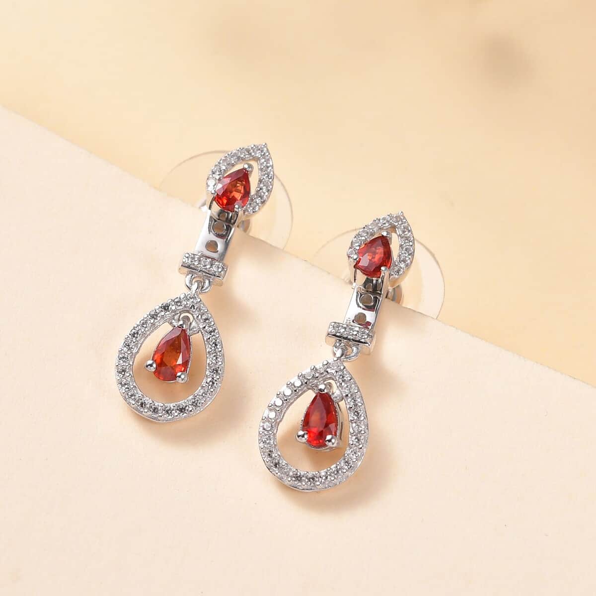 Sanguine Sapphire and White Zircon Drop Earrings in Rhodium Over Sterling Silver 1.30 ctw image number 1