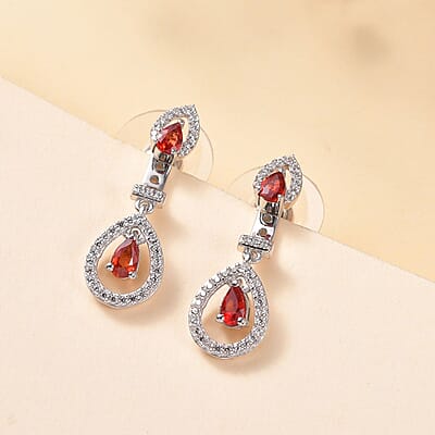 Sanguine Sapphire and White Zircon Drop Earrings in Rhodium Over Sterling Silver 1.30 ctw