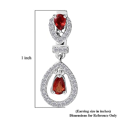 Sanguine Sapphire and White Zircon Drop Earrings in Rhodium Over Sterling Silver 1.30 ctw