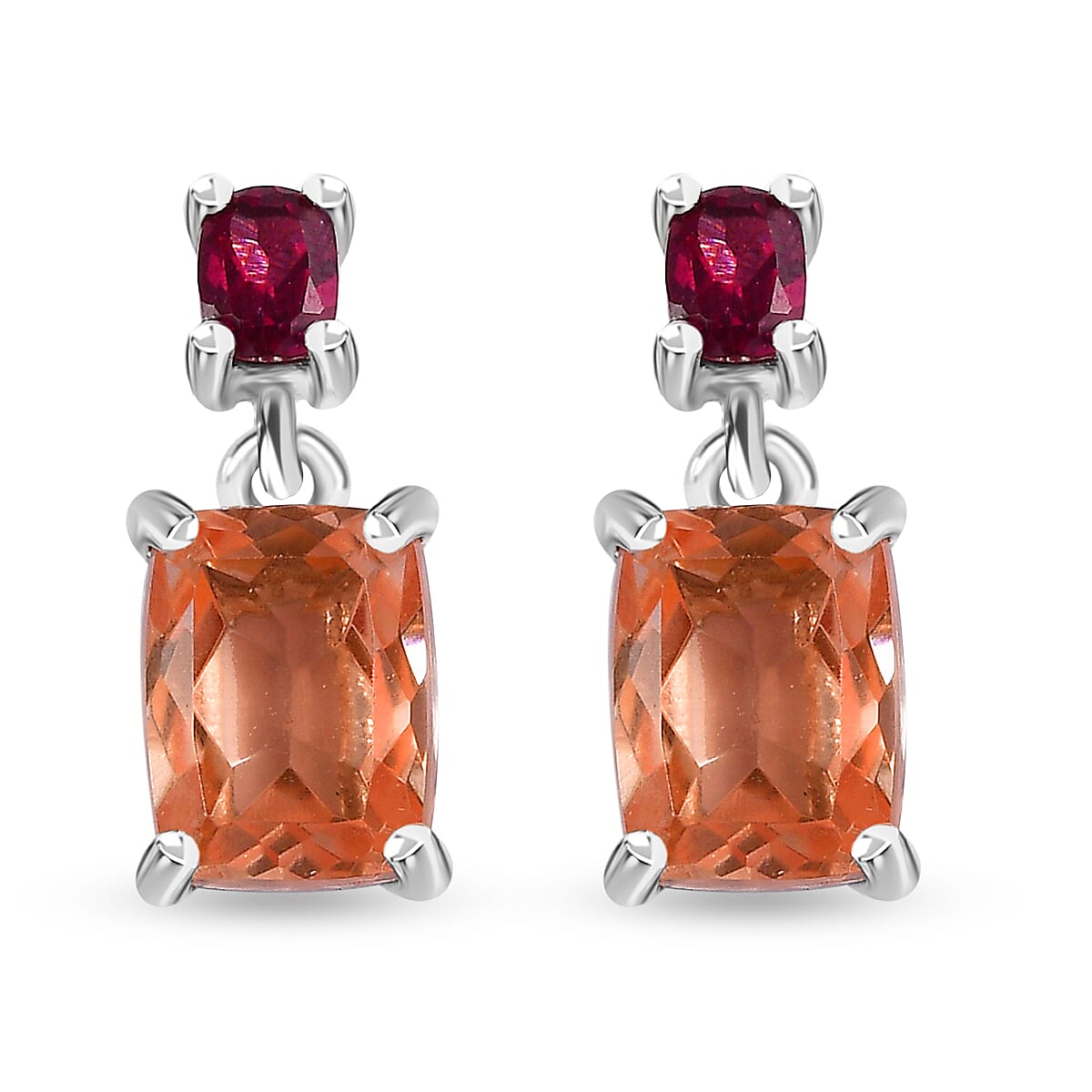 Morganique Quartz (Triplet) and Orissa Rhodolite Garnet Drop Earrings in Rhodium Over Sterling Silver 3.75 ctw