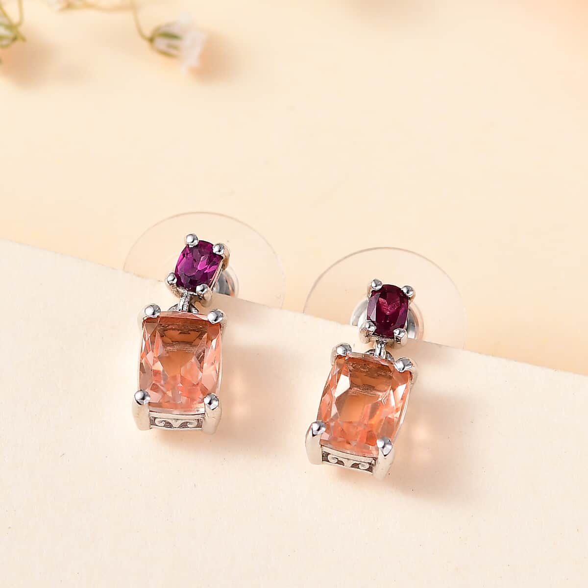 Morganique Quartz (Triplet) and Orissa Rhodolite Garnet Drop Earrings in Rhodium Over Sterling Silver 3.75 ctw image number 1