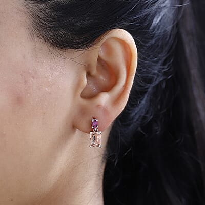Morganique Quartz (Triplet) and Orissa Rhodolite Garnet Drop Earrings in Rhodium Over Sterling Silver 3.75 ctw